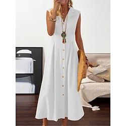 Dames Witte jurk Shirtjurk Maxi-jurk nappi Casual Dagelijks Overhemdkraag Mouwloos Zomer Lente Zwart Wit Effen Lightinthebox