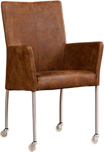 Bruine leren moderne eetkamerstoel Comfort - poot rond rvs met wiel - Kenia Leer Brown (bruin leer)