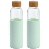 2x Stuks glazen waterfles/drinkfles met mint groene siliconen bescherm hoes 600 ml - thumbnail