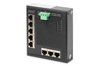 DIGITUS Flat netwerk-switch - 8-poorts Gigabit Ethernet - DIN-rail montage - klemlijst - Ventilatorloos - Zwart/blauw