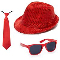 Carnaval verkleed set hoed stropdas en bril rood glitters - thumbnail