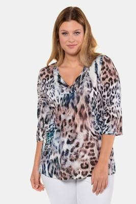 Ulla Popken shirt, slinky, V-hals, luipaarddessin, zijsplitten - Grote Maten