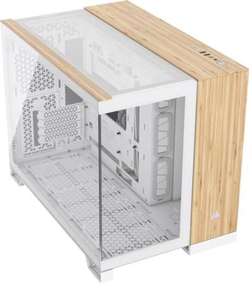 CORSAIR 2500X Small-Tower MATX Dual Chamber PC-behuizing - Panoramisch gehard glas - compatibel met omgekeerde aansluiting moederbord - geen ventilatoren inbegrepen - wit/bamboehout