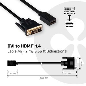 CLUB3D DVI to HDMI 1.4 Cable M/F 2 meter Bidirectional