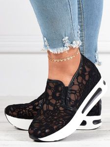 Floral Embroidered Mesh Paneled Slip-On Wedge Sneakers