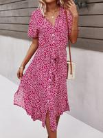 Small Floral Casual V Neck Buckle Dress With No - thumbnail