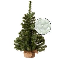 Mini kunst kerstboom groen - met lichtsnoer bollen lichtgroen - H60 cm