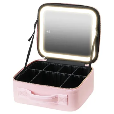 Gleza - Roze Make-up Koffer met Grote Spiegel en LED Verlichting - Waterdicht, Verstelbaar, en Compact - Ideaal voor Meisjes en Dames - Maat S