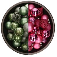 74x stuks kunststof kerstballen mix van salie groen en fuchsia roze 6 cm - thumbnail