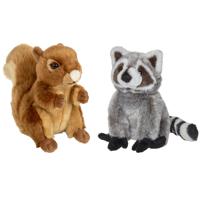 Bosdieren zachte pluche knuffels 2x stuks - Eekhoorn en Wasbeer van 18 cm - thumbnail