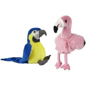 Knuffeldieren set papegaai en flamingo pluche knuffels 18 cm