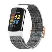 By Qubix - Compatible met Fitbit Charge 5 - Fitbit Charge 6 - Elastisch nylon bandje - Wit/grijs - Compatible fitbit bandje