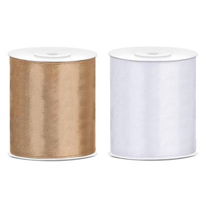 2x rollen hobby decoratie satijnlint goud-wit 10 cm x 25 meter - Cadeaulinten 2x rollen hobby decoratie satijnlint goud-wit 10 cm x 25 meter - Cadeaulinten