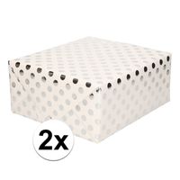 2x Wit folie geschenkpapier zilveren stip 200 x 70 cm   -