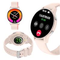 Forever IGO Watch 4 Smartwatch voor dames, AMOLED Touch Rond Horloge, Slaapmonitor, Sport, Fitness, SMS, Bluetooth, IP67 waterdicht, wit/roze, 2 riemen, modieuze smartwatch voor dames