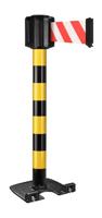 Buitenpaal zwart/geel zware basis op wielen - riem 10 m/100 mm rood/wit