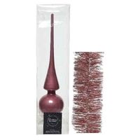 Kerstversiering glazen piek glans 26 cm en folieslingers pakket oud roze van 3x stuks