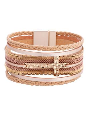 Boheems Leer en Metaal Kruis Armband