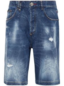 Philipp Plein short en coton en jean à détail de patch - Bleu