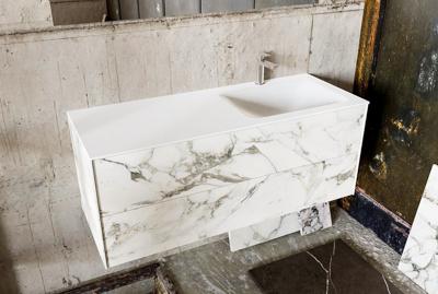 Badkamermeubel Kivi Hangend 120x47x45cm Porcelenato Solid Surface Wastafel 1 Kraangat Rechts met 2 Lades