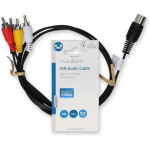 DIN-Audiokabel | DIN 5-Pins Male | 4x RCA Male | Vernikkeld | 1.00 m | Rond | PVC | Zwart | Label