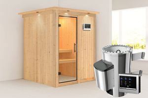 Karibu | Minja Sauna met Dakkraag | Helderglas Deur | Kachel 3,6 kW Externe Bediening