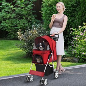 4-Wiel Opvouwbare Honden- en Kattenwagen Hondenwagen Huisdierbuggy tot 15 kg met Netvensters/Bekerhouders/Aanhangers Rood