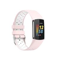 By Qubix - Compatible met Fitbit Charge 5 - Fitbit Charge 6 Sportbandje met gesp - Roze/wit - Tweekleurig - Maat: L - Compatible fitbit bandje