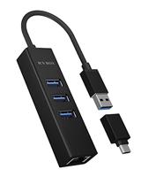 ICY BOX IB-HUB1419-LAN Aluminium USB HUB met 3 USB 3.0 poorten en RJ45 Gigabit Ethernet netwerkadapter, geïntegreerde Type-A kabel met USB C adapter voor Windows en Mac OS X