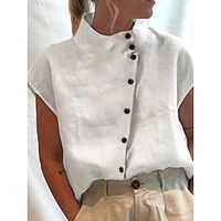 Dames Overhemd Blouse Coltrui Effen Kleur nappi Dagelijks Elegant Basic Vleermuismouw Korte mouw Coltrui Wit Zomer Lightinthebox - thumbnail