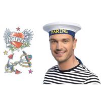 Carnaval verkleed Matrozen hoedje - wit - met zeeman plak tatoeages - volwassenen - thumbnail