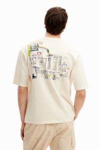 T-shirt met korte mouwen en ronde hals met illustratie van een mediterraan huis - WHITE - L