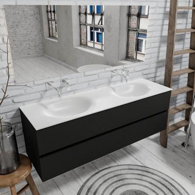 Zaro Sevilla Solid Surface badmeubel 150cm mat zwart geen kraangat met 2 lades dubbele spoelbak