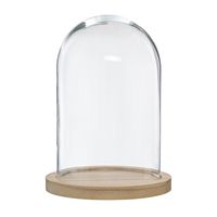 Home decoratie glazen stolp op houten plateau - glas/lichtbruin - D15 x H24 cm