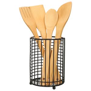 Keukengerei kooklepels spatels set 4-delig - bamboe - in zwart rvs houder van 17 cm