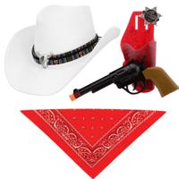 Carnaval verkleedset luxe model cowboyhoed Rodeo - wit - hals zakdoek/revolver - voor volwassen