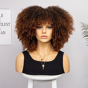 kort krullend afro pruiken met pony voor zwarte vrouwen bruin afro kinky krullend pruiken voor zwarte vrouwen synthetische hittebestendige pluizige bruine pruiken halloween cosplay party pruiken Lightinthebox