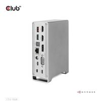 CLUB3D USB type C Universeel docking station 2x USB Gen2 Type-A 1x USB Gen1 Type-A 1x USB Type-A (ROOD) Smart Charging-poort 5V/2.4A Max. • 2x HDMI (DP Alt Mode) 1x DP (DP Alt Mode) 1x VGA 1x RJ45 max.120 Watt opladen