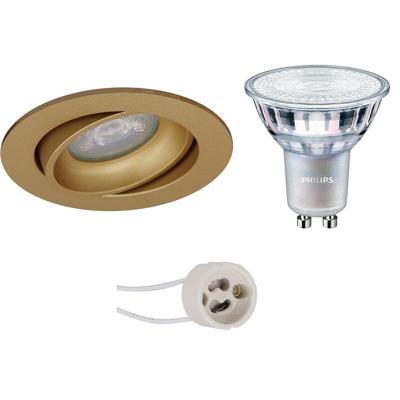 LED Spot Set - Pragmi Delton Pro - GU10 Fitting - Inbouw Rond - Mat Goud - Kantelbaar - Ø82mm - Philips - MASTER 927 36D VLE - 3.7W - Warm Wit 2200K-2700K - DimTone Dimbaar
