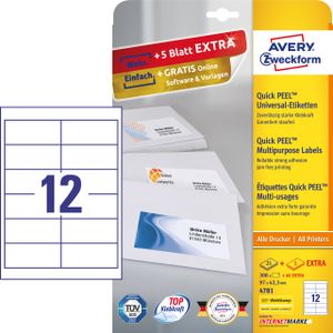 Avery-Zweckform 4781 Universele etiketten 97 x 42.3 mm Papier Wit 360 stuk(s) Permanent hechtend Inkjet, Laser (zwart/wit), Laser (kleur), Kopiëren