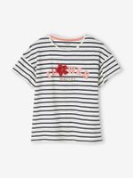 Meisjes-T-shirt met frisou-animatie en iriserende details marineblauw, gestreept - thumbnail