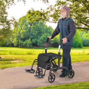 Rollator Opvouwbaar en Licht met Zitting 2-In-1 Rolstoel & Reisrollator Loophulp 6-Voudig in Hoogte Verstelbaar Wandelwagen (Zwart)