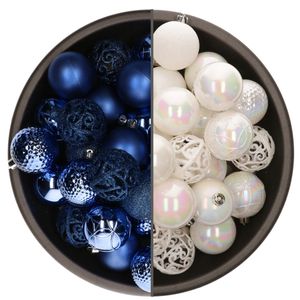 74x stuks kunststof kerstballen mix van parelmoer wit en kobalt blauw 6 cm