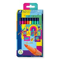 STAEDTLER Triplus Happy, 323 C10 HA viltstiften, ergonomische driehoekige schacht, lijnbreedte 1,0 mm, lange levensduur, 10 fibre-tip pennen in gesorteerde Happy kleuren in kartonnen etui,