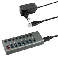 Transmedia USB HUB 3.0, 8 poorten met schakelaar en LED-indicator, inclusief 12V/4A voeding, 7x gegevensoverdracht en 1x snellaadfunctie, geschikt voor laptop en pc