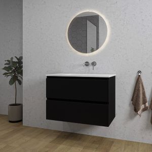 Adema Chaci Badkamermeubelset - 80x46x55cm - 1 keramische wasbak wit - zonder kraangaten - 2 lades - ronde spiegel met verlichting - mat zwart SW718705/SW773926/SW108328