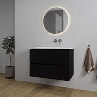 Adema Chaci Badkamermeubelset - 80x46x55cm - 1 keramische wasbak wit - zonder kraangaten - 2 lades - ronde spiegel met verlichting - mat zwart SW718705/SW773926/SW108328 - thumbnail