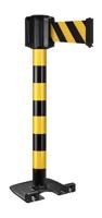 Buitenpaal zwart/geel zware basis op wielen - riem 10 m/100 mm zwart/geel