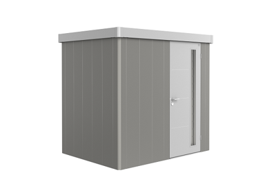 Metalen berging Neo - Enkele deur - Kwartsgrijs/zilver - 1B (236x180 cm) Metalen berging Neo - Enkele deur - Kwartsgrijs/zilver - 1B (236x180 cm)