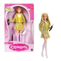 Barbie Signature Pop, Clueless Cher Verzamelpop in geelgeruit pakje met als accessoires een rugzak, mobiele telefoon en proefrijbewijs, JBJ34